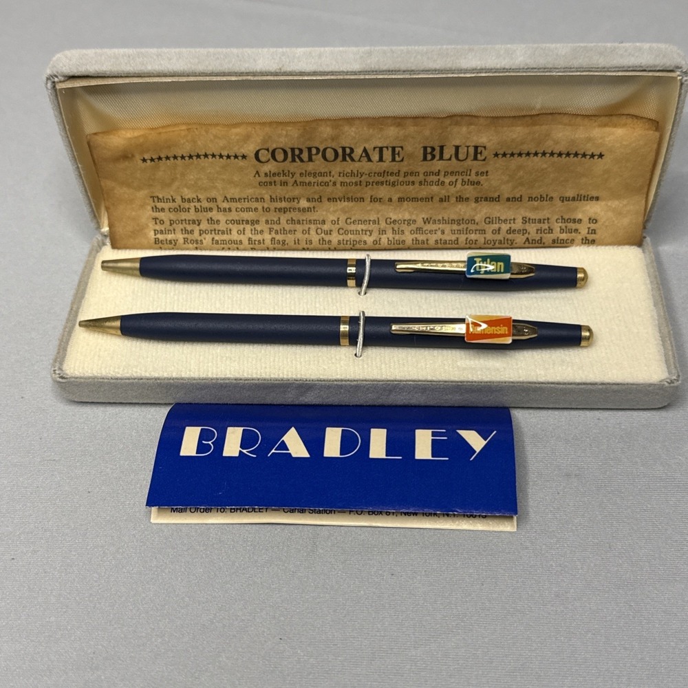 Vintage Bradley Corporate Blue Gold‎ Pen & Pencil Set With Case Rumensin Tylan